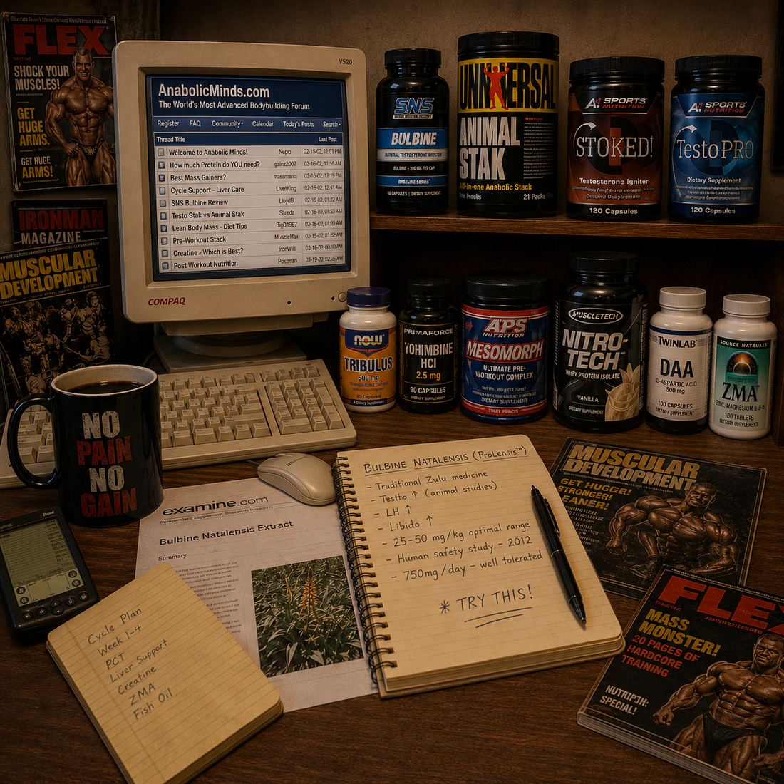 A nostalgic early-2000s supplement research desk with classic bodybuilding products, scientific notes, AnabolicMinds.com on a CRT monitor and Bulbine Natalensis research, capturing the golden era of sports nutrition.